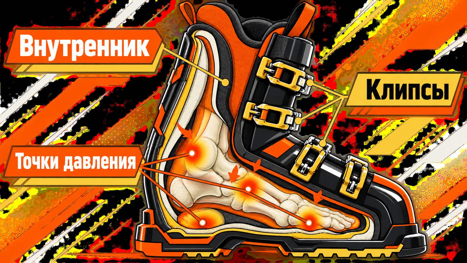 Разрез горнолыжного ботинка со скелетом стопы, красные очаги и выноски «Внутренник», «Клипсы», «Точки давления»