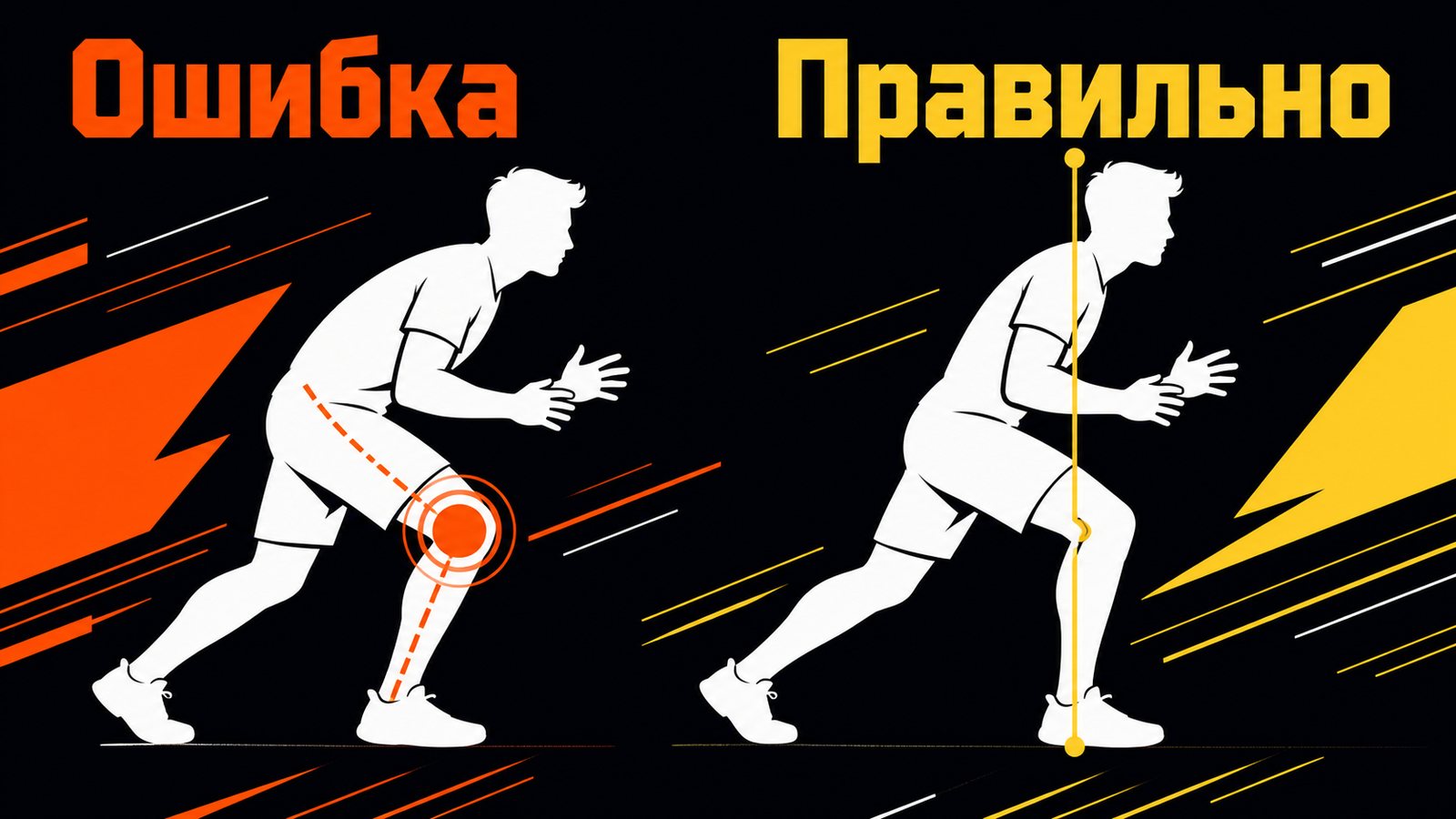 Две белые фигуры в выпаде: слева «Ошибка» с красным очагом в колене, справа «Правильно» с жёлтой вертикалью колено-стопа