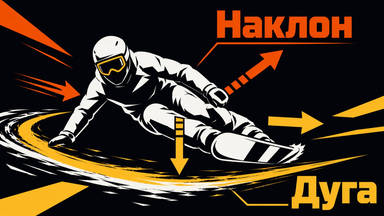 Сноубордист в глубоком закладе на чёрном фоне, выноски с подписями «Наклон» и «Дуга» ведут к корпусу и следу канта
