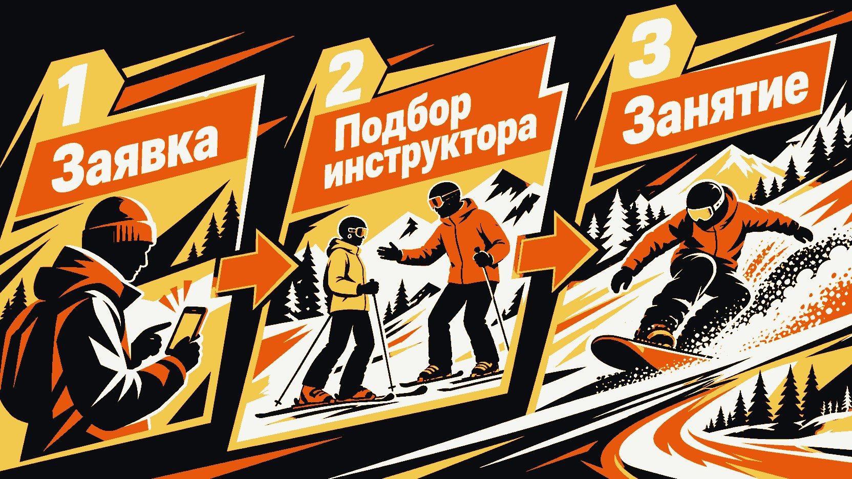 Три пронумерованных шага со стрелками: «Заявка» с телефоном в руках, «Подбор инструктора» и «Занятие»