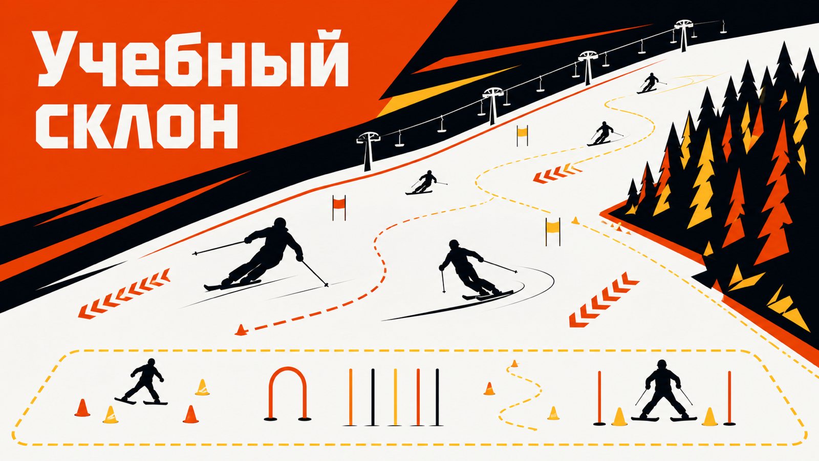 Надпись «Учебный склон», пунктирные траектории поворотов, флаги-ворота и ряд конусов внизу кадра