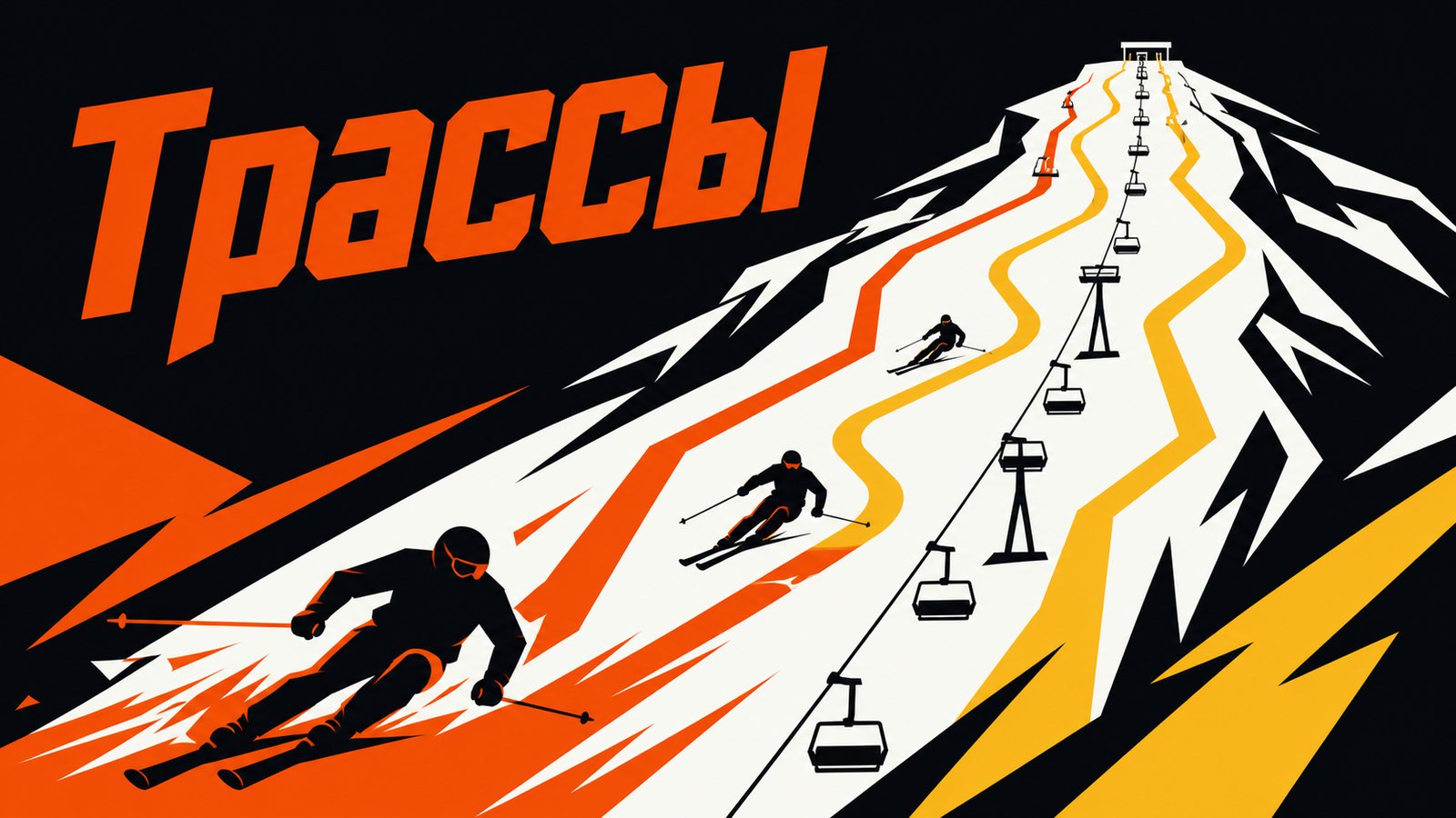 Надпись «Трассы» и гора, по которой сверху вниз идут оранжевая и жёлтая линии спусков вдоль канатки